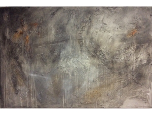 Abstract textured painting in grey and a touch of orange