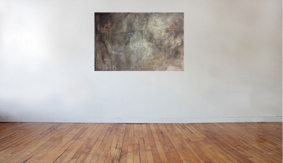 Interior design: Abstract textured painting in grey and a touch of orange