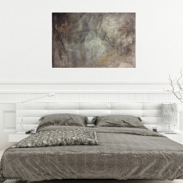 Interior design: Abstract textured painting in grey and a touch of orange